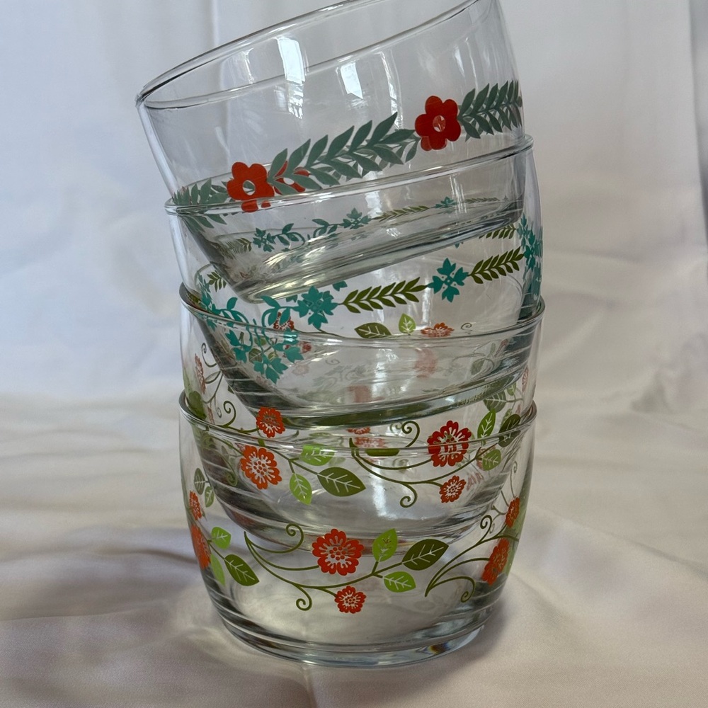 Set of 4 Floral Print Clear Glass Tumblers
